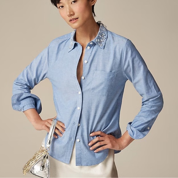 J crew Collection shrunken button-up shirt in embellished brushed cotton oxford - Picture 1 of 6